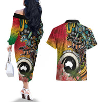 Vanuatu and Australia Together Couples Matching Off The Shoulder Long Sleeve Dress and Hawaiian Shirt Kangaroo with Pig Tusk Indigenous Pattern LT03 - Polynesian Pride