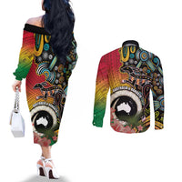 Vanuatu and Australia Together Couples Matching Off The Shoulder Long Sleeve Dress and Long Sleeve Button Shirt Kangaroo with Pig Tusk Indigenous Pattern LT03 - Polynesian Pride