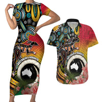 Vanuatu and Australia Together Couples Matching Short Sleeve Bodycon Dress and Hawaiian Shirt Kangaroo with Pig Tusk Indigenous Pattern LT03 Black - Polynesian Pride