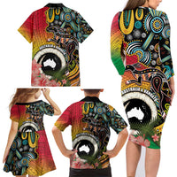 Vanuatu and Australia Together Family Matching Long Sleeve Bodycon Dress and Hawaiian Shirt Kangaroo with Pig Tusk Indigenous Pattern LT03 - Polynesian Pride