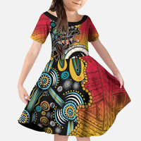 Vanuatu and Australia Together Family Matching Off Shoulder Maxi Dress and Hawaiian Shirt Kangaroo with Pig Tusk Indigenous Pattern LT03 Daughter's Dress Black - Polynesian Pride