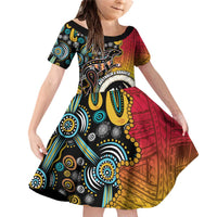 Vanuatu and Australia Together Family Matching Off Shoulder Short Dress and Hawaiian Shirt Kangaroo with Pig Tusk Indigenous Pattern LT03 Daughter's Dress Black - Polynesian Pride