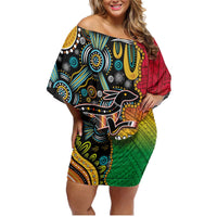 Vanuatu and Australia Together Family Matching Off Shoulder Short Dress and Hawaiian Shirt Kangaroo with Pig Tusk Indigenous Pattern LT03 Mom's Dress Black - Polynesian Pride