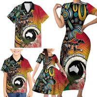 Vanuatu and Australia Together Family Matching Short Sleeve Bodycon Dress and Hawaiian Shirt Kangaroo with Pig Tusk Indigenous Pattern LT03 - Polynesian Pride