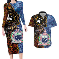 Samoa and Australia Together Couples Matching Long Sleeve Bodycon Dress and Hawaiian Shirt Kangaroo and Tribal Hibiscus Aboriginal Pattern LT03 Blue - Polynesian Pride