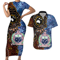 Samoa and Australia Together Couples Matching Short Sleeve Bodycon Dress and Hawaiian Shirt Kangaroo and Tribal Hibiscus Aboriginal Pattern LT03 Blue - Polynesian Pride