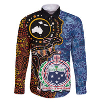 Samoa and Australia Together Family Matching Puletasi and Hawaiian Shirt Kangaroo and Tribal Hibiscus Aboriginal Pattern LT03 Dad's Shirt - Long Sleeve Blue - Polynesian Pride