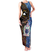 Samoa and Australia Together Family Matching Tank Maxi Dress and Hawaiian Shirt Kangaroo and Tribal Hibiscus Aboriginal Pattern LT03 Mom's Dress Blue - Polynesian Pride