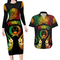 Personalised Pohnpei Independence Day Couples Matching Long Sleeve Bodycon Dress and Hawaiian Shirt Polynesian Tattoo and Plumeria Reggae Color LT03 Reggae - Polynesian Pride