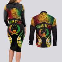 Personalised Pohnpei Independence Day Couples Matching Long Sleeve Bodycon Dress and Long Sleeve Button Shirt Polynesian Tattoo and Plumeria Reggae Color LT03 - Polynesian Pride