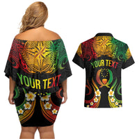 Personalised Pohnpei Independence Day Couples Matching Off Shoulder Short Dress and Hawaiian Shirt Polynesian Tattoo and Plumeria Reggae Color LT03 - Polynesian Pride
