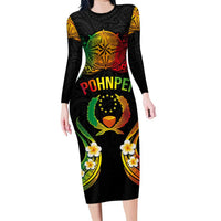 Personalised Pohnpei Independence Day Family Matching Long Sleeve Bodycon Dress and Hawaiian Shirt Polynesian Tattoo and Plumeria Reggae Color LT03 Mom's Dress Reggae - Polynesian Pride
