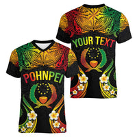 Personalised Pohnpei Independence Day Women V-Neck T-Shirt Polynesian Tattoo and Plumeria Reggae Color LT03 - Polynesian Pride