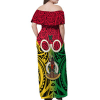 Vanuatu Off Shoulder Maxi Dress Pig Tusk Mix Maori Pattern and Namele Leaf LT03 - Polynesian Pride