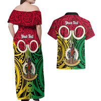 Personalised Vanuatu Couples Matching Off Shoulder Maxi Dress and Hawaiian Shirt Pig Tusk Mix Maori Pattern and Namele Leaf LT03 - Polynesian Pride