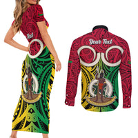 Personalised Vanuatu Couples Matching Short Sleeve Bodycon Dress and Long Sleeve Button Shirts Pig Tusk Mix Maori Pattern and Namele Leaf LT03 - Polynesian Pride