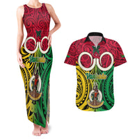 Personalised Vanuatu Couples Matching Tank Maxi Dress and Hawaiian Shirt Pig Tusk Mix Maori Pattern and Namele Leaf LT03 Red - Polynesian Pride