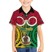 Personalised Vanuatu Family Matching Off Shoulder Short Dress and Hawaiian Shirt Pig Tusk Mix Maori Pattern and Namele Leaf LT03 Son's Shirt Red - Polynesian Pride