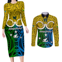 Vanuatu Malampa Province Couples Matching Long Sleeve Bodycon Dress and Long Sleeve Button Shirts Pig Tusk Mix Maori Pattern and Namele Leaf LT03 Yellow - Polynesian Pride