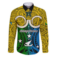 Vanuatu Malampa Province Family Matching Mermaid Dress and Hawaiian Shirt Pig Tusk Mix Maori Pattern and Namele Leaf LT03 Dad's Shirt - Long Sleeve Yellow - Polynesian Pride