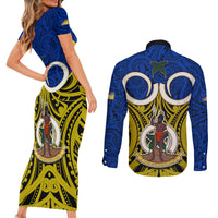 Vanuatu Torba Province Couples Matching Short Sleeve Bodycon Dress and Long Sleeve Button Shirts Pig Tusk Mix Maori Pattern and Namele Leaf LT03 - Polynesian Pride