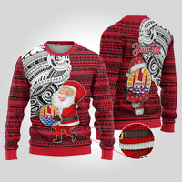 Custom French Polynesia Christmas Ugly Christmas Sweater Santa Hold Seal with Polynesian Tribal Tattoo LT03 Red - Polynesian Pride