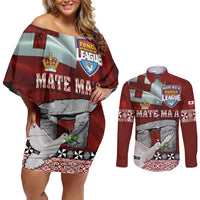 Mate Ma'a Tonga Couples Matching Off Shoulder Short Dress and Long Sleeve Button Shirt Haamonga a Maui and White Dove - Tongan Kupesi Ngatu LT03 Red - Polynesian Pride
