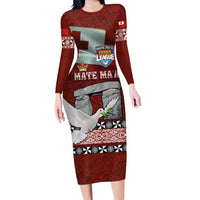 Mate Ma'a Tonga Long Sleeve Bodycon Dress Haamonga a Maui and White Dove - Tongan Kupesi Ngatu LT03 Long Dress Red - Polynesian Pride