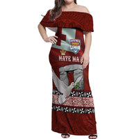 Mate Ma'a Tonga Off Shoulder Maxi Dress Haamonga a Maui and White Dove - Tongan Kupesi Ngatu LT03 Women Red - Polynesian Pride