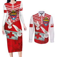 Mate Ma'a Tonga Couples Matching Long Sleeve Bodycon Dress and Long Sleeve Button Shirt Double White Dove and Kupesi Ngatu Art Tattoo LT03 Red - Polynesian Pride