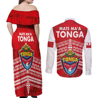 Mate Ma'a Tonga Couples Matching Off Shoulder Maxi Dress and Long Sleeve Button Shirt Double White Dove and Kupesi Ngatu Art Tattoo LT03 - Polynesian Pride