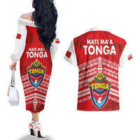 Mate Ma'a Tonga Couples Matching Off The Shoulder Long Sleeve Dress and Hawaiian Shirt Double White Dove and Kupesi Ngatu Art Tattoo LT03 - Polynesian Pride