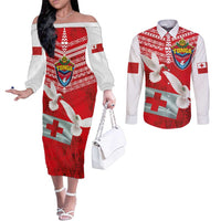 Mate Ma'a Tonga Couples Matching Off The Shoulder Long Sleeve Dress and Long Sleeve Button Shirt Double White Dove and Kupesi Ngatu Art Tattoo LT03 Red - Polynesian Pride