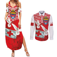 Mate Ma'a Tonga Couples Matching Summer Maxi Dress and Long Sleeve Button Shirt Double White Dove and Kupesi Ngatu Art Tattoo LT03 Red - Polynesian Pride