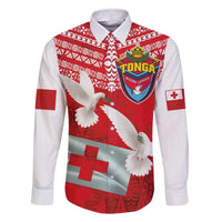 Mate Ma'a Tonga Family Matching Off The Shoulder Long Sleeve Dress and Hawaiian Shirt Double White Dove and Kupesi Ngatu Art Tattoo LT03 Dad's Shirt - Long Sleeve Red - Polynesian Pride