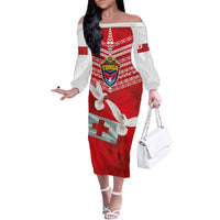 Mate Ma'a Tonga Family Matching Off The Shoulder Long Sleeve Dress and Hawaiian Shirt Double White Dove and Kupesi Ngatu Art Tattoo LT03 Mom's Dress Red - Polynesian Pride
