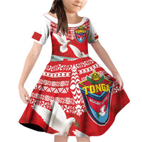 Mate Ma'a Tonga Family Matching Off Shoulder Short Dress and Hawaiian Shirt Double White Dove and Kupesi Ngatu Art Tattoo LT03 Daughter's Dress Red - Polynesian Pride