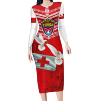 Mate Ma'a Tonga Long Sleeve Bodycon Dress Double White Dove and Kupesi Ngatu Art Tattoo LT03 Long Dress Red - Polynesian Pride