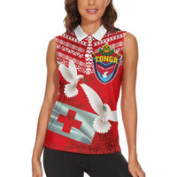 Mate Ma'a Tonga Women Sleeveless Polo Shirt - Double White Dove and Kupesi Ngatu Art Tattoo LT03 - Polynesian Pride