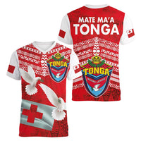 Mate Ma'a Tonga Women V-Neck T-Shirt Double White Dove and Kupesi Ngatu Art Tattoo LT03 - Polynesian Pride