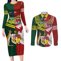 Custom Mate Ma'a Tonga and Australia Kangaroo Couples Matching Long Sleeve Bodycon Dress and Long Sleeve Button Shirt Nation Seal with Mascot Aboriginal and Tongan Kupesi Ngatu Art LT03 Red - Polynesian Pride