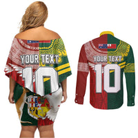 Custom Mate Ma'a Tonga and Australia Kangaroo Couples Matching Off Shoulder Short Dress and Long Sleeve Button Shirt Nation Seal with Mascot Aboriginal and Tongan Kupesi Ngatu Art LT03 - Polynesian Pride