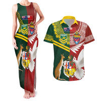 Custom Mate Ma'a Tonga and Australia Kangaroo Couples Matching Tank Maxi Dress and Hawaiian Shirt Nation Seal with Mascot Aboriginal and Tongan Kupesi Ngatu Art LT03 Red - Polynesian Pride