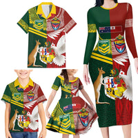 Custom Mate Ma'a Tonga and Australia Kangaroo Family Matching Long Sleeve Bodycon Dress and Hawaiian Shirt Nation Seal with Mascot Aboriginal and Tongan Kupesi Ngatu Art LT03 - Polynesian Pride