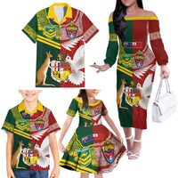 Custom Mate Ma'a Tonga and Australia Kangaroo Family Matching Off The Shoulder Long Sleeve Dress and Hawaiian Shirt Nation Seal with Mascot Aboriginal and Tongan Kupesi Ngatu Art LT03 - Polynesian Pride