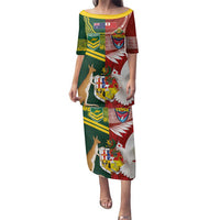 Custom Mate Ma'a Tonga and Australia Kangaroo Family Matching Puletasi and Hawaiian Shirt Nation Seal with Mascot Aboriginal and Tongan Kupesi Ngatu Art LT03 Mom's Dress Red - Polynesian Pride