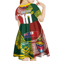 Custom Mate Ma'a Tonga and Australia Kangaroo Kid Short Sleeve Dress Nation Seal with Mascot Aboriginal and Tongan Kupesi Ngatu Art LT03 - Polynesian Pride