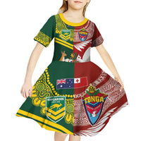 Custom Mate Ma'a Tonga and Australia Kangaroo Kid Short Sleeve Dress Nation Seal with Mascot Aboriginal and Tongan Kupesi Ngatu Art LT03 - Polynesian Pride