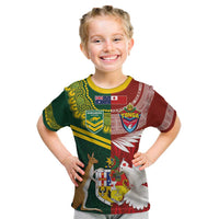 Custom Mate Ma'a Tonga and Australia Kangaroo Kid T Shirt Nation Seal with Mascot Aboriginal and Tongan Kupesi Ngatu Art LT03 Red - Polynesian Pride