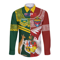 Custom Mate Ma'a Tonga and Australia Kangaroo Long Sleeve Button Shirt Nation Seal with Mascot Aboriginal and Tongan Kupesi Ngatu Art LT03 Unisex Red - Polynesian Pride
